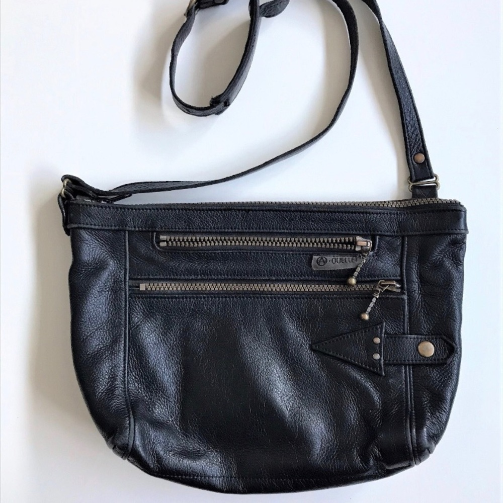 Vintage black leather hobo versatile bag by André Ouellet, Made in Québec